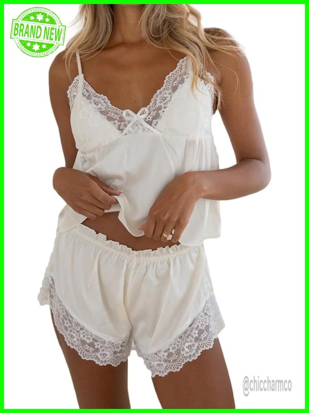 Satin Lace Trim Pajama Set - V Neck Cami & Shorts 2 Piece Sleepwear